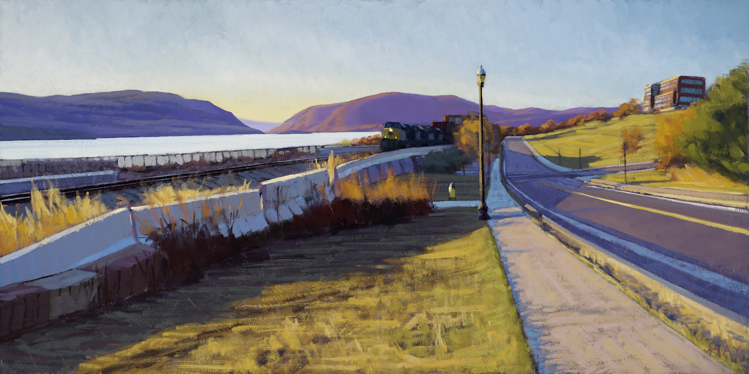 Newburgh landscape painting, oil on panel, 18 x 36 inches