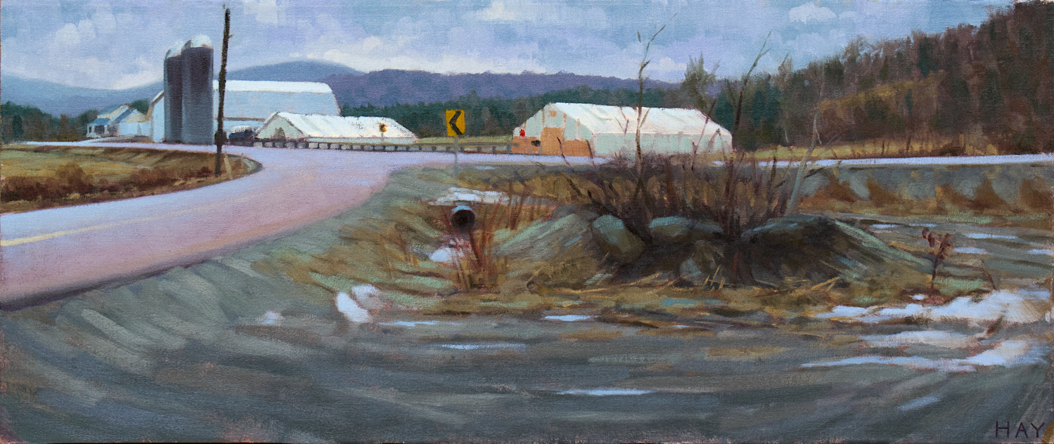 Pumpkin Harbor landscape painting, oil on linen, 16 x 32 inches